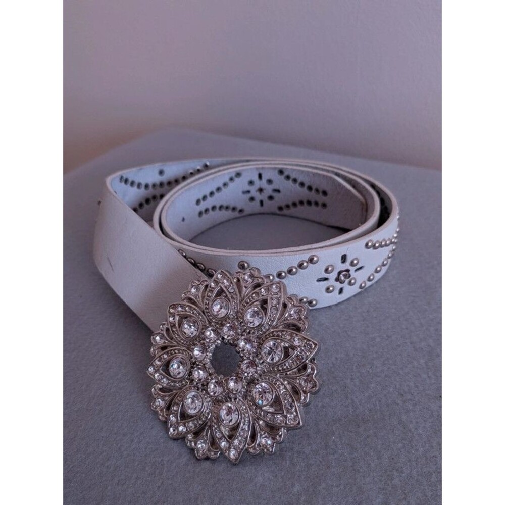 Vintage Y2K White Leather Rhinestone Belt Studded Western Boho Buckle One Size
